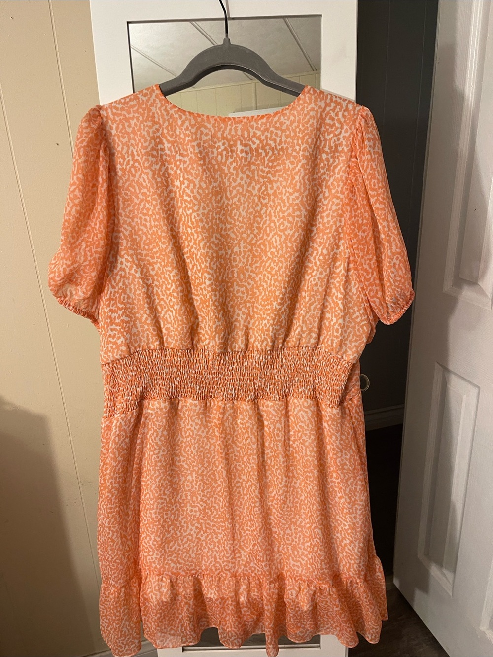 Express Orange Printed V-Neck Ruffle Mini Dress - Picture 3 of 3